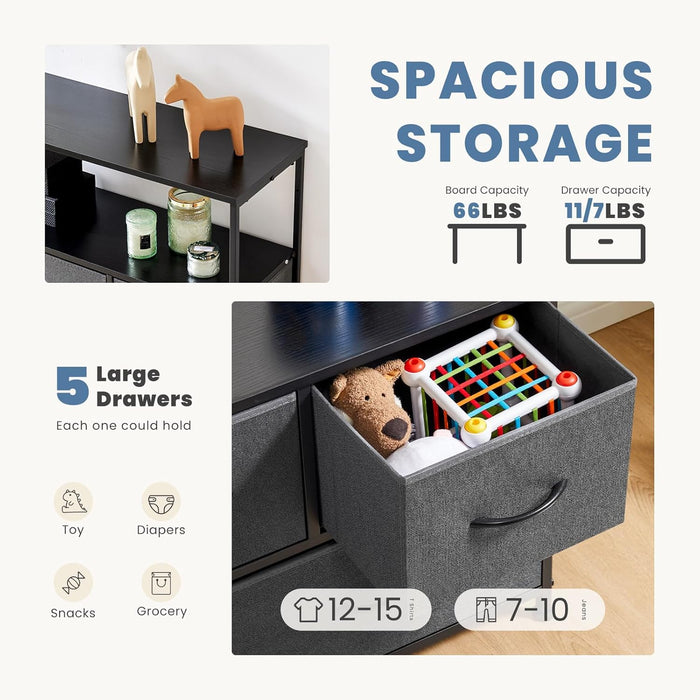 TV Stand Dresser with 5 Fabric Storage Drawers, Media Console Featuring Open Shelf for 45 Inch TV, Compact Entertainment Unit for Bedroom, Living Space, or Dorm Organization, Grey