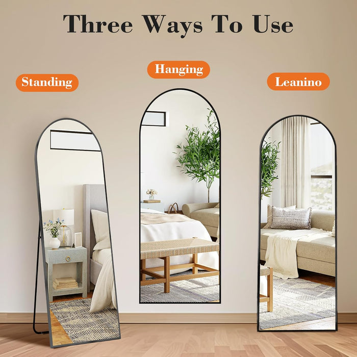 Black Arched Full Length Mirror 60"X16" for Bedroom, Full Body Mirror with Stand, Hanging or Leaning for Wall, Aluminum Alloy Thin Frame Floor Standing for Living Room
