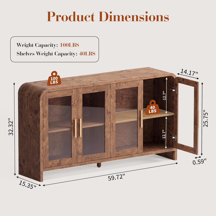 60" Curved Modern 4-Door Sideboard, Buffet Cabinet with Storage