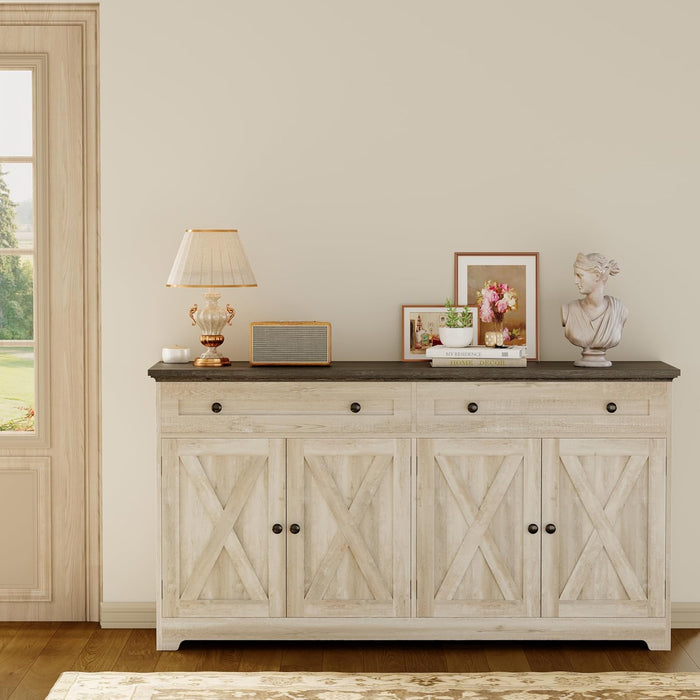 Buffet Cabinet with Storage, Sideboard Cabinet with Drawers & Doors | 2 Drawers, 4 Doors and 2 Adjustable Shelves. 59Inch Wide. Fsc-Certified Wood. Anti-Tip Device. Charcoal Grey and Beige Maple.