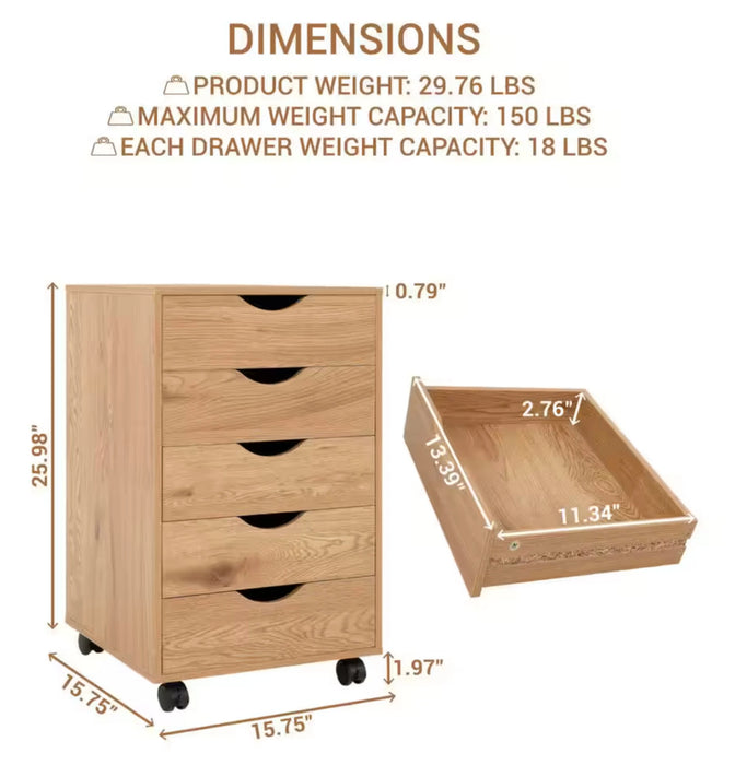 MAYKOOSH 5-Drawer Rolling Storage Cart, Organizer, Lateral File Cabinet, Brown Natural Wood