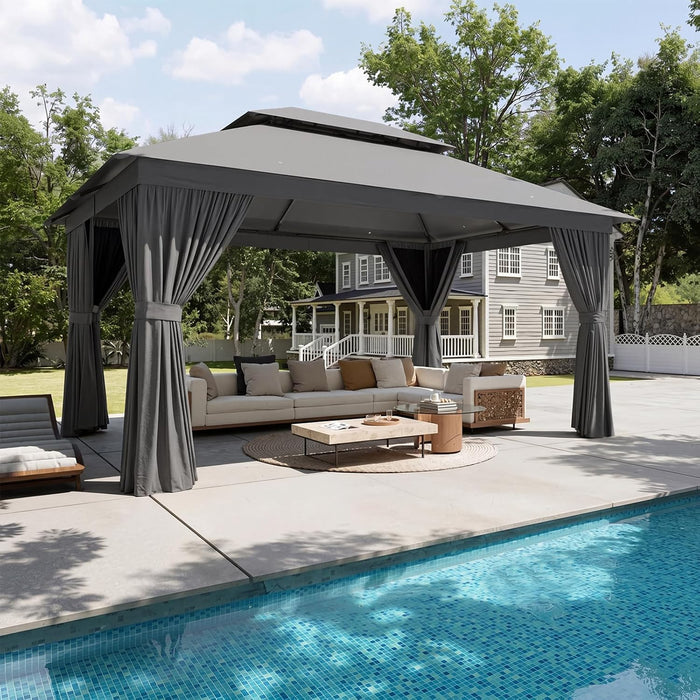 Outdoor Gazebo for Patio 10X12, Metal Frame Canopy with Double Roofs, Heavy Duty Party Tent and Shelter with Mosquito Netting and Privacy Screen for Backyard, Lawn, Garden, Deck