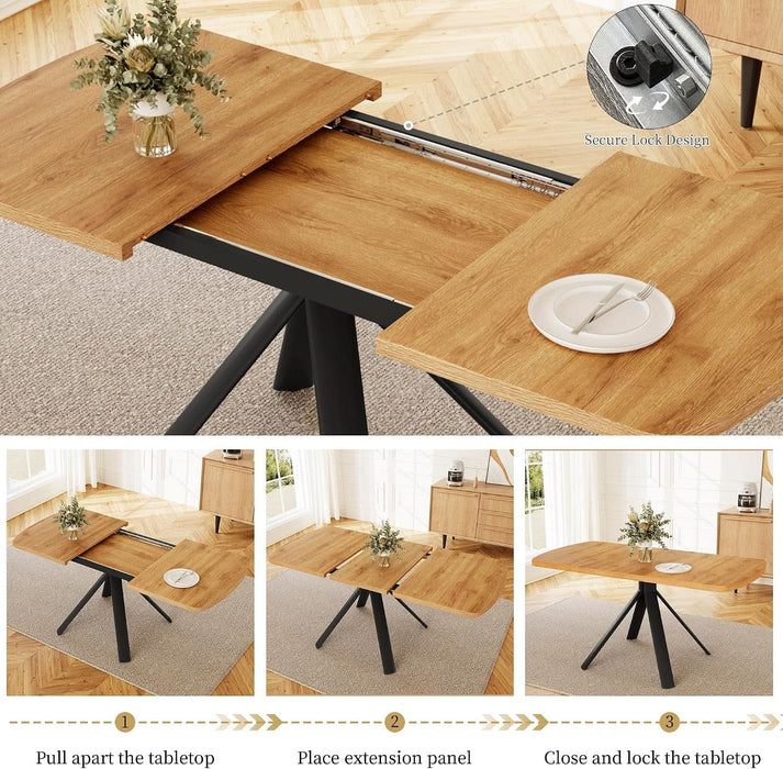 Extendable Dining Table Set for 6, Oak Table with 6 PU Black Chairs
