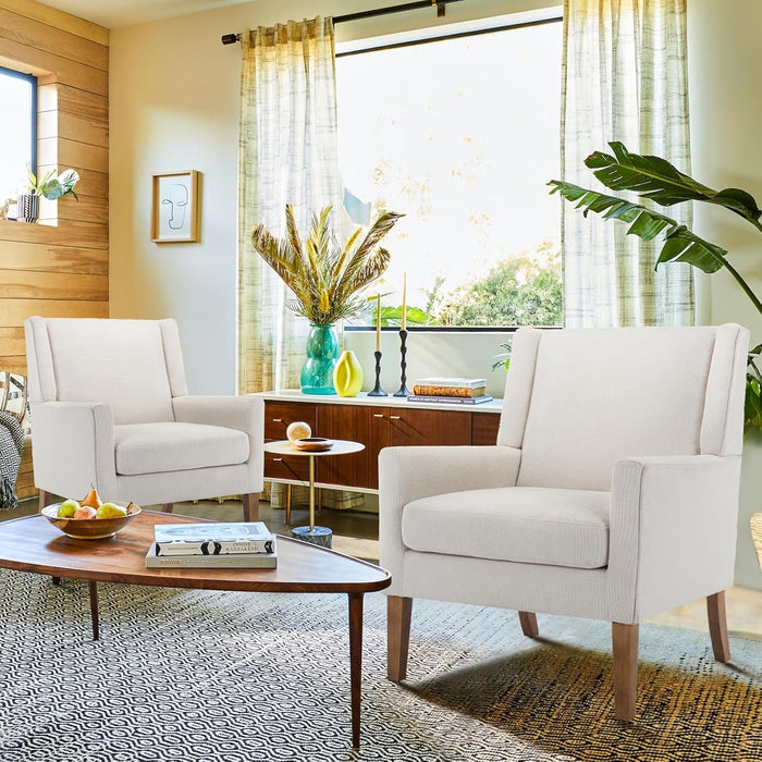 Modern Wingback Living Room Chair Set of 2, Upholstered Fabric Accent Armchair, Single Sofa Chair with Lounge Seat and Wood Legs for Bedroom/Office/Reading Spaces, Beige