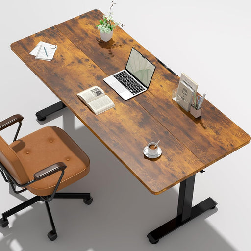 55 Inch, Height Adjustable Sit Stand Up, Wood Desktop, Work Home Office Computer PC Table, Tall Standup Workstation, Gaming Writing Study Bedroom Rising Desks, Brown