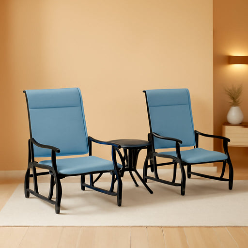 3-Piece Outdoor Gliders Set Bistro Set with Steel Frame, Tempered Glass Top Table for Patio, Garden, Backyard, Lawn, Light Blue