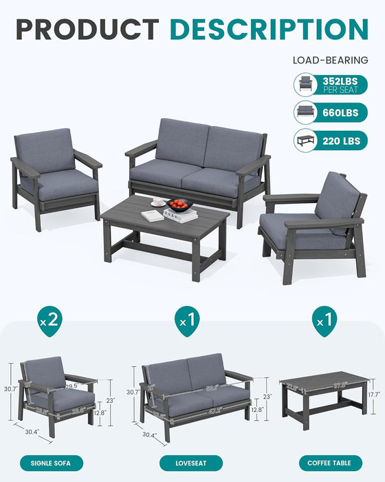 4 Piece HDPE Outdoor Furniture Set, All Weather Wood-Like Outdoor Sofa Sectional Couch, Grey Patio Furniture Set with Grey Cushions