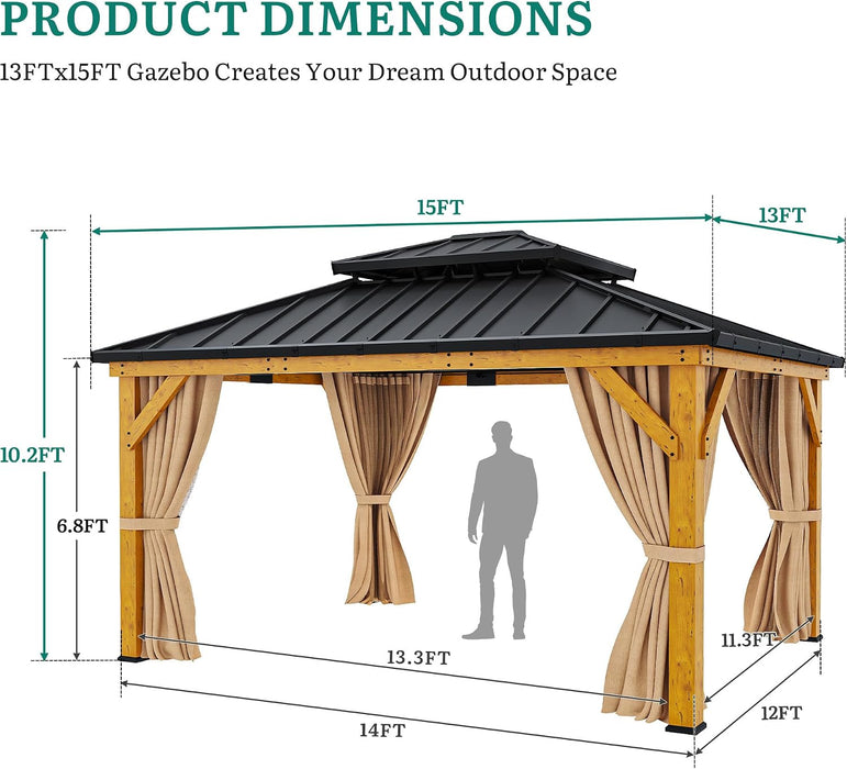 13X15 Wood Gazebo Hardtop with Nettings and Curtains, Heavy Duty Double Roof Galvanized Steel Outdoor Wood Frame Roof for Patio, Backyard, Deck, Lawns