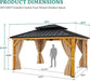 13X15 Wood Gazebo Hardtop with Nettings and Curtains, Heavy Duty Double Roof Galvanized Steel Outdoor Wood Frame Roof for Patio, Backyard, Deck, Lawns