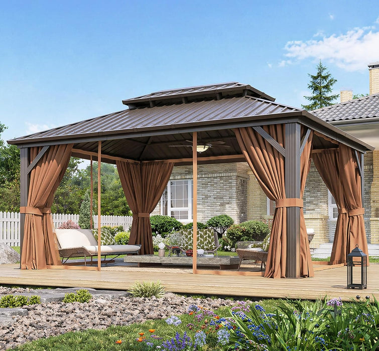 12’X16’ Hardtop Gazebo, Permanent Metal Pavilion with Galvanized Steel Double Roof, Outdoor Pergola with Nettings and Curtains for Lawn, Garden, Patio (Brown)