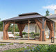 12’X16’ Hardtop Gazebo, Permanent Metal Pavilion with Galvanized Steel Double Roof, Outdoor Pergola with Nettings and Curtains for Lawn, Garden, Patio (Brown)