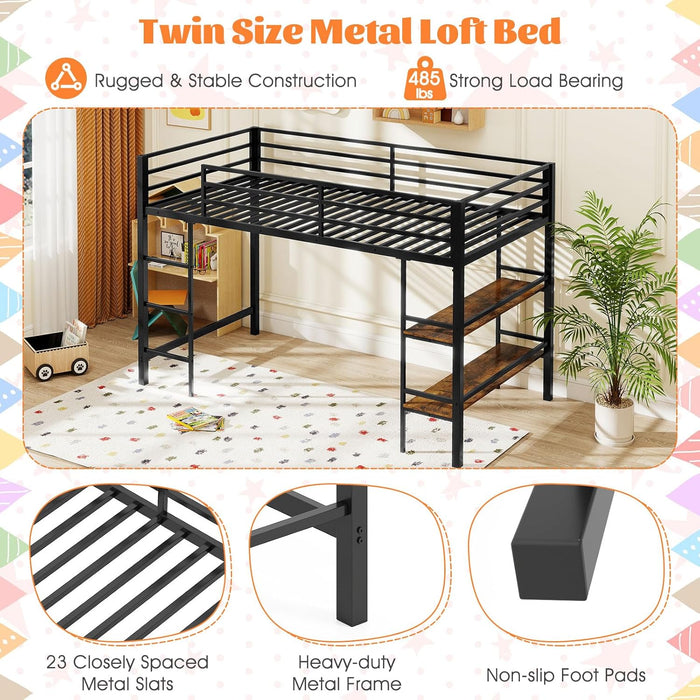 Low Loft Bed Twin Size, Heavy Duty Metal Frame W/Storage Shelves, Ladder & Full-Length Guardrails, Ample Under-Bed Space, Kids Loft Bed with Stairs for Boys Girls Junior, No Box Spring Needed