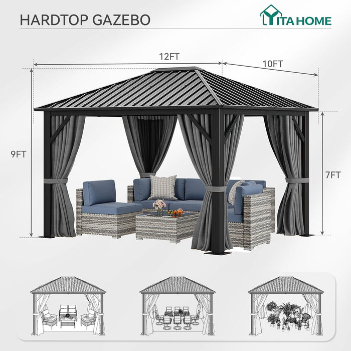 10X12FT Single Hardtop Metal Gazebo Top Outdoor Patio Canopy Galvanized Iron Aluminum Column Garden Tent Curtains Netting for Backyards Decks Lawns,Gray