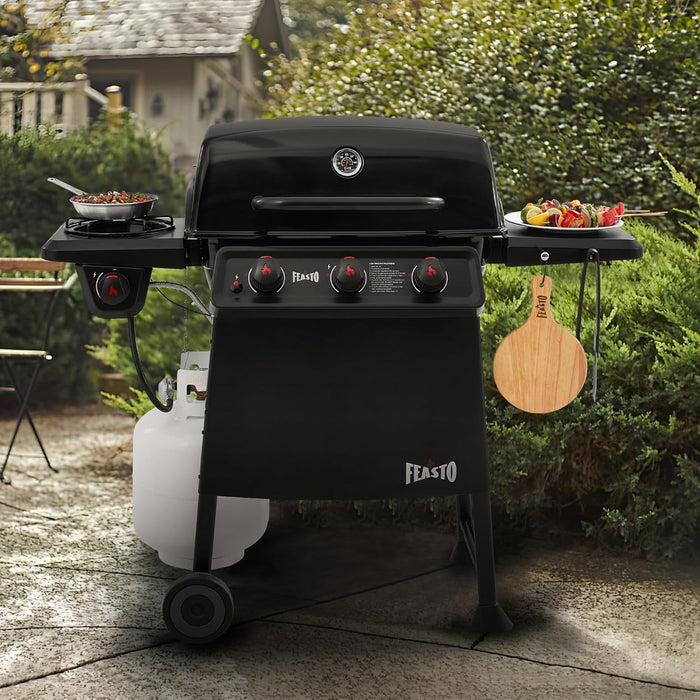 3 Burner Propane Gas Grill with Side Burner, Porcelain-Enamel Main Body and Lid, Propane BBQ Grill with 38,000 Btus Output & Side Table for Patio, Backyard, Poolside Gatherings