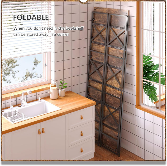 7 Tiers No Assembly Book Shelves, 72.4" H Folding Bookshelf Bookcase Open Industrial Foldable Shelves for Bedroom, Living Room, Home Office - Rustic Brown Black