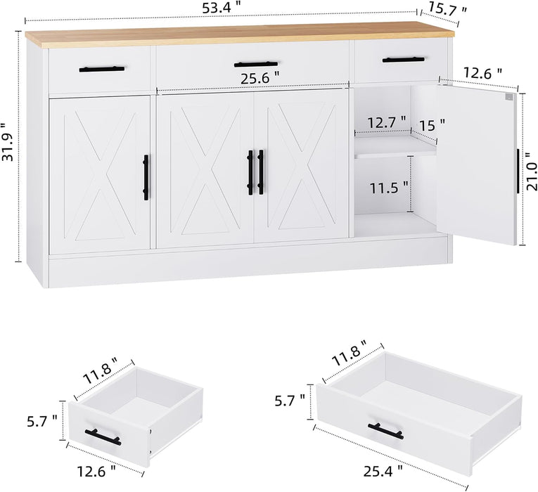 Buffet Cabinet with Storage,53.4" Large Kitchen Storage Cabinet with 3 Drawers and 4 Doors,Wood Farmhouse Buffet Sideboard with Adjustable Shelf for Kitchen Living Room, White
