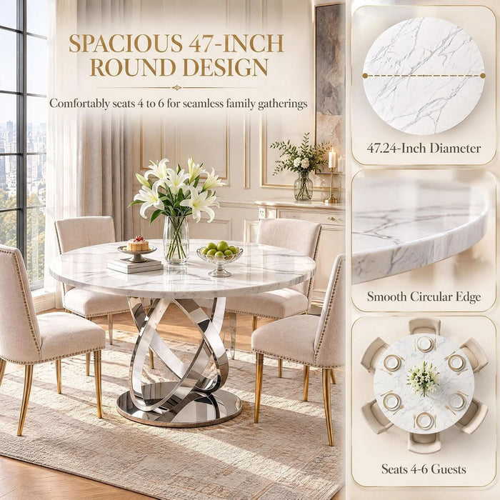 47.24" round Faux Marble Dining Table for 6 W/Stainless Steel Leg