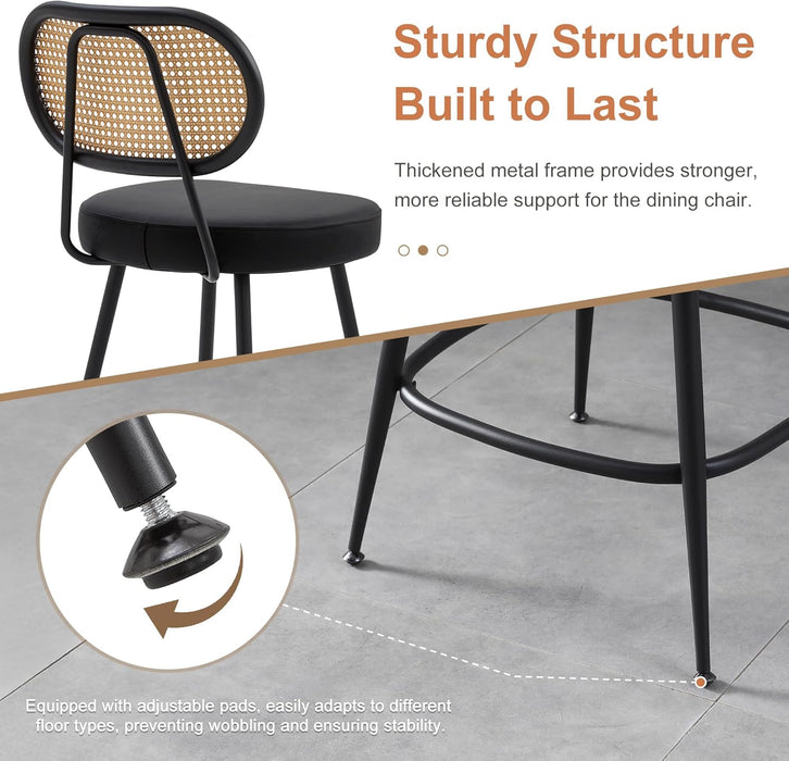 Counter Height Bar Stools Set of 2, 26" Seat Height Barstools with Rattan Back and Metal Legs, Upholstered Faux Leather Bar Chairs for Kitchen Island, Home Bar, Black