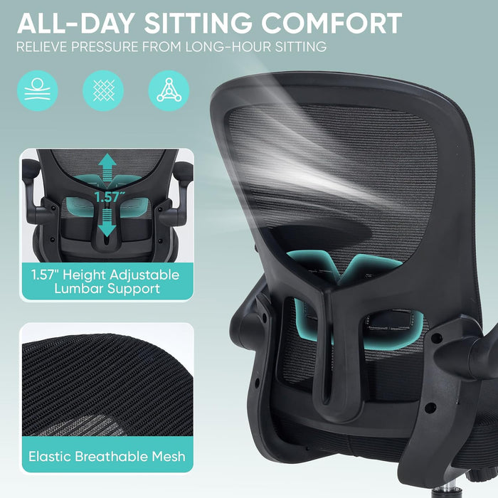 Office Chair, Ergonomic Desk Chair with Adjustable Lumbar Support and Flip up Armrest, Breathable Mesh Computer Chair for Home Office & Rolling Work Swivel Task Chairs