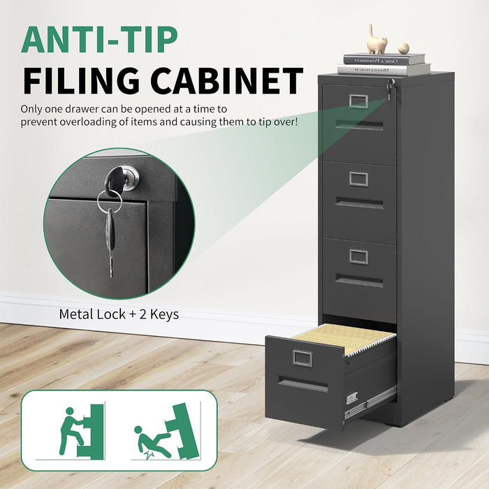 4 Drawer File Cabinet, Vertical File Cabinets with Lock for Home Office,Heavy Duty Office Steel Filing Cabinet for Hanging Letters/Legal/A4, Assembly Required (Black)