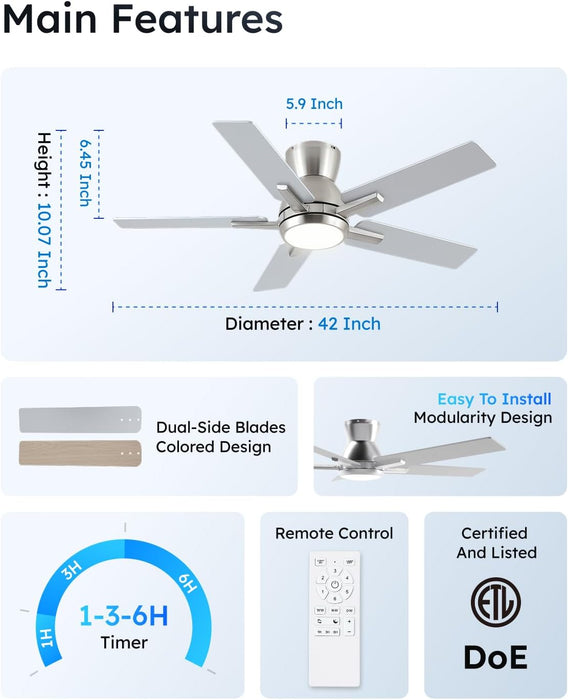 42 Inch Brushed Nickel Flush Mount Ceiling Fans with Lights and Remote, Low Profile Nickel Ceiling Fans for Bedroom Living Room Patio Porch, Quiet 6 Speed Reversible DC Motor, 3CCT, Dimmable