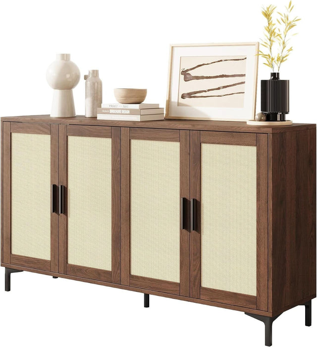 48" Rattan Buffet Cabinet with Storage, Walnut Coffee Bar Cabinet