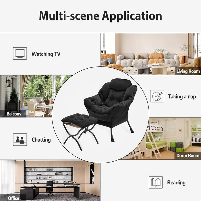 Lazy Chair with Folding Ottoman, Accent Chair Velvet Upholstered with Metal Structure and Non-Slip Pads, Sofa Armchair with Footrest and Side Storage Bag for Dorm, Room, Office, Black