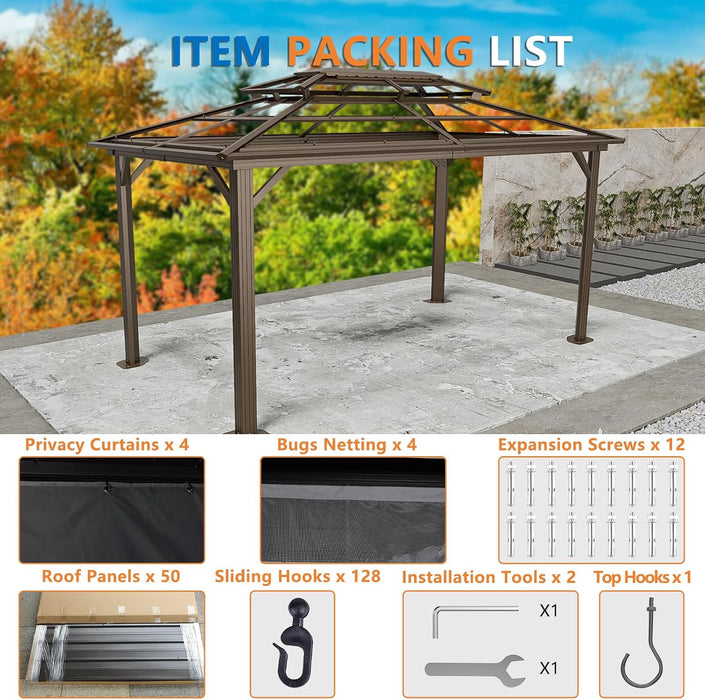 10X15 Hardtop Gazebo on Clearance with Heavy Duty Galvanized Steel Metal Roof, Patio Hard Top Gazebo with Curtains & Netting,Outdoor Permanent Hot Tub Gazebo Pavillon for Backyard,Deck,Brown