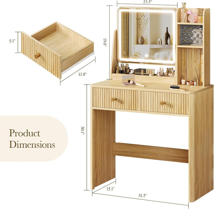 Fluted Vanity Desk with Mirror and Lights, Small Makeup Vanity with 2 Drawers and Jewelry Storage Cabinet, 3 Lighting Modes Adjustable Brightness, Dressing Table for Bedroom - Natural Oak