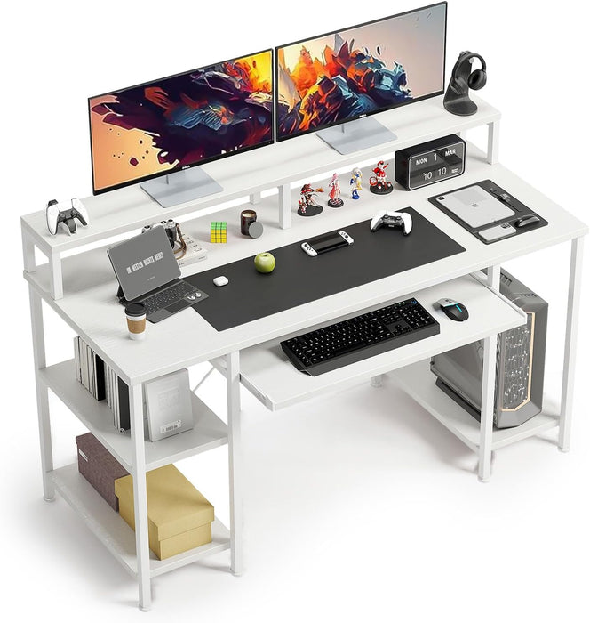 48 Inch Computer Desk, Home Office White with Keyboard Tray, Gaming with Full Monitor Stand, Storage Shelves & CPU Stand, Modern Study Writing Table Studio Work with Shelf