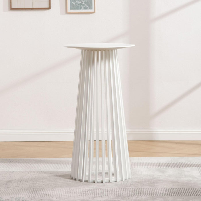 43.5" High round Bar Table, Modern Wood Cocktail Table with Columnar Wooden Strips Base, Stylish Pub Table for Bistro Parties Kitchen Coffee Shop, White