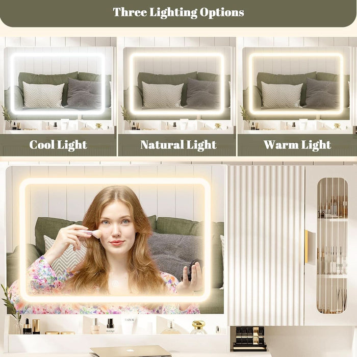 45" Modern Makeup Vanity Desk with Mirror and Lights, Makeup Vanity with 5 Shelves& 2 Drawers and Cabinet, Vanity Table with Power Outlet, 3 Color Adjustable Lighting Dressing Table Set for Bedroom