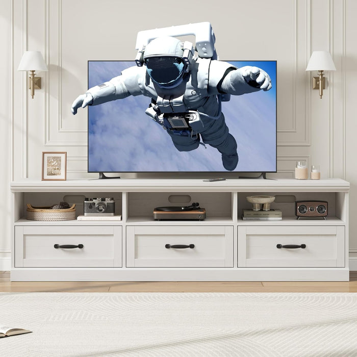 70In TV Stand for Tvs up to 80", Mid Century Modern Entertainment Center with Storage Drawer and Open Shelves, TV Console Media Cabinet for Living Room, Bedroom, Antique White