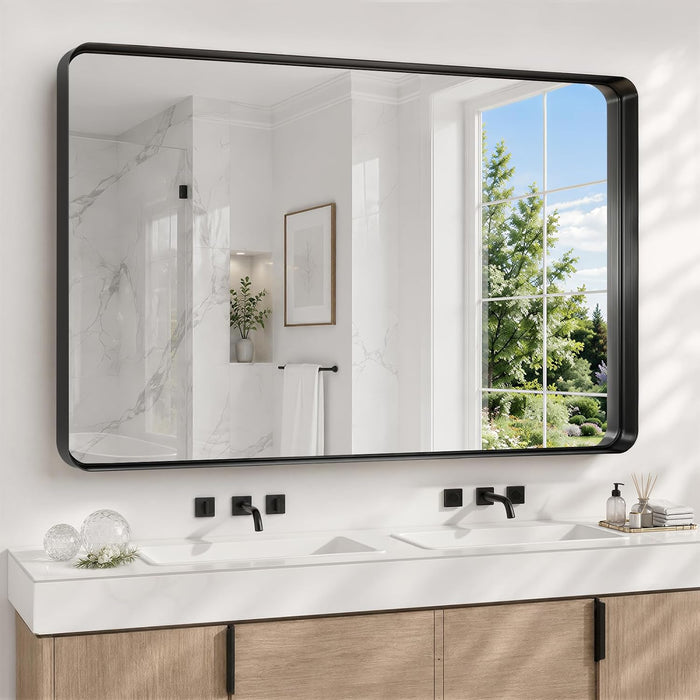 36X55 Inch Black Bathroom Mirror Metal Framed, HD Tempered Glass