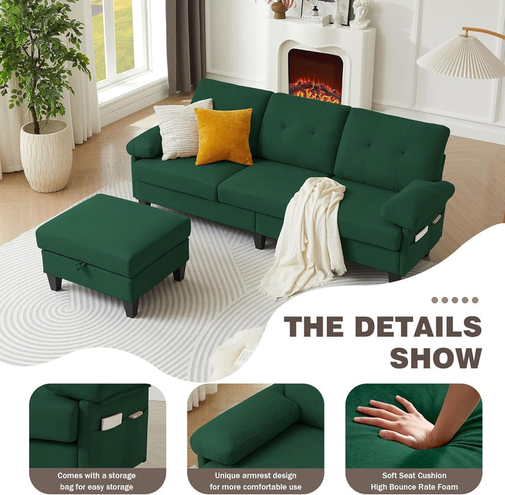 84-Inch Green Convertible L-Shaped Sectional Sofa Chaise
