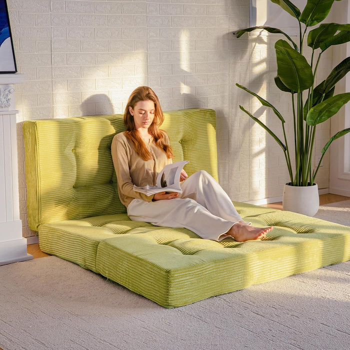 Tri-Fold Mattress, 6 Inch Tufted Folding Mattress Full Foam Bed, Foldable Floor Couch Guest Bed Topper Portable Camping Sleeper with Corded Fabric, Green, 53"X75"