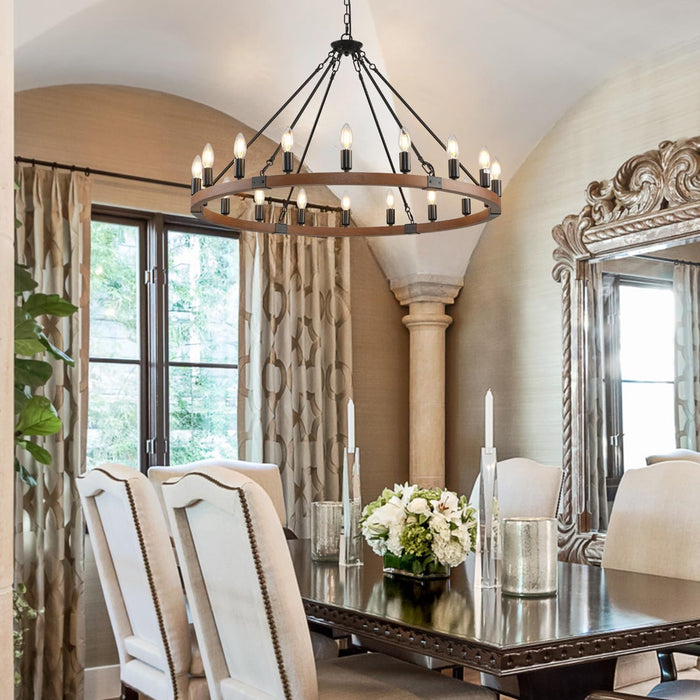 38”Wooden Wagon Wheel Chandelier,Black Vintage 18 Light Rustic round Hanging Light Fixture,Industrial Country Ceiling Light Used in the Farmhouse,Hallway,Foyer,Living Room,Dining Room