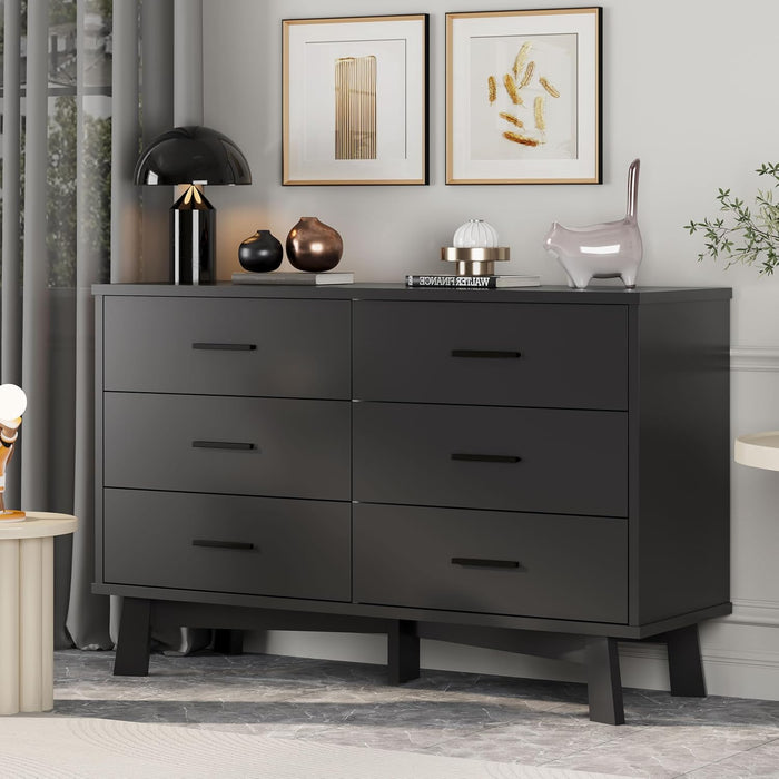 Dresser for Bedroom with 6 Drawer, Modern Chest of Drawers with X-Shaped Sturdy Base, Wide Wood Double Dresser Closet Clothes Storage Organizer, Wooden TV Stand for Living Room, Hallway, Black