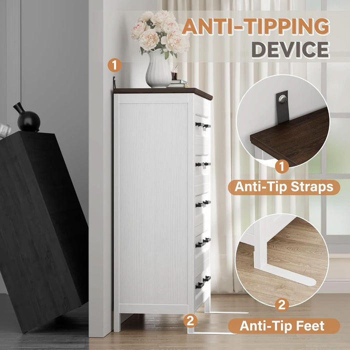 White Dresser Tall for Bedroom,Wooden 5 Drawer Dresser for Nursery,Chest of Drawers for Bedroom, Closet Storage Organizer for Living Room, Hallway, Closet (Brown&White)