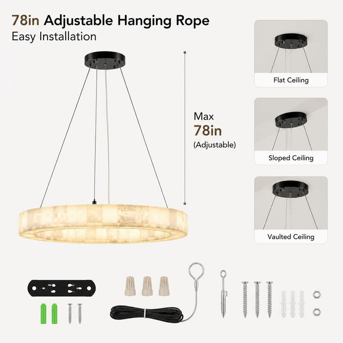 Alabaster round Chandelier, 31.5In Spanish Natural Marble Pendant Light, Dimmable 3-Color Modern Marble Chandelier for Dining Room, Living Room, Bedroom, Bathroom & Foyer