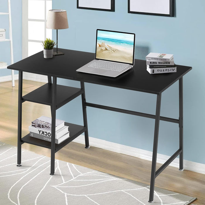 43" Home Office Computer Desk Trestle Desk with 2 Shelves Writing Study Workstation Style Wood Table Metal Frame for Home Office Reversible Storage Desk, Black