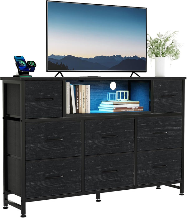 LED Entertainment Center, TV Stand Dresser with Charging Station