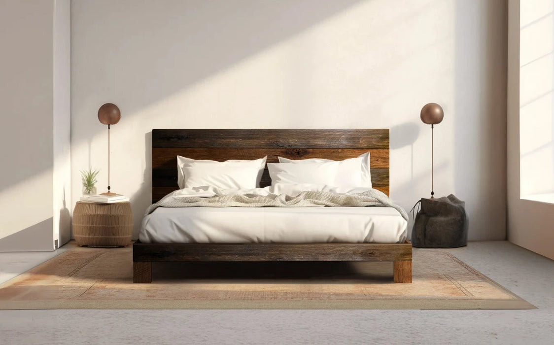 Rampart Bed - Quick Ship - Barnwood Reclaimed Aesthetic - Modern Rustic - Solid Wood - Platform Bed Frame & Headboard - Handmade in USA