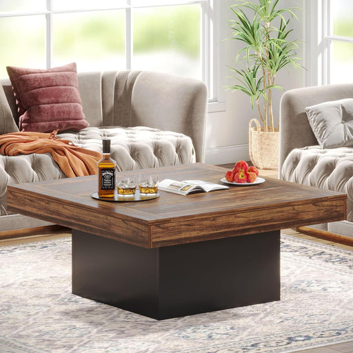 Coffee Table Square LED Coffee Table Engineered Wood Low Center Cocktail Tables for Living Room (Rustic Brown+Black)