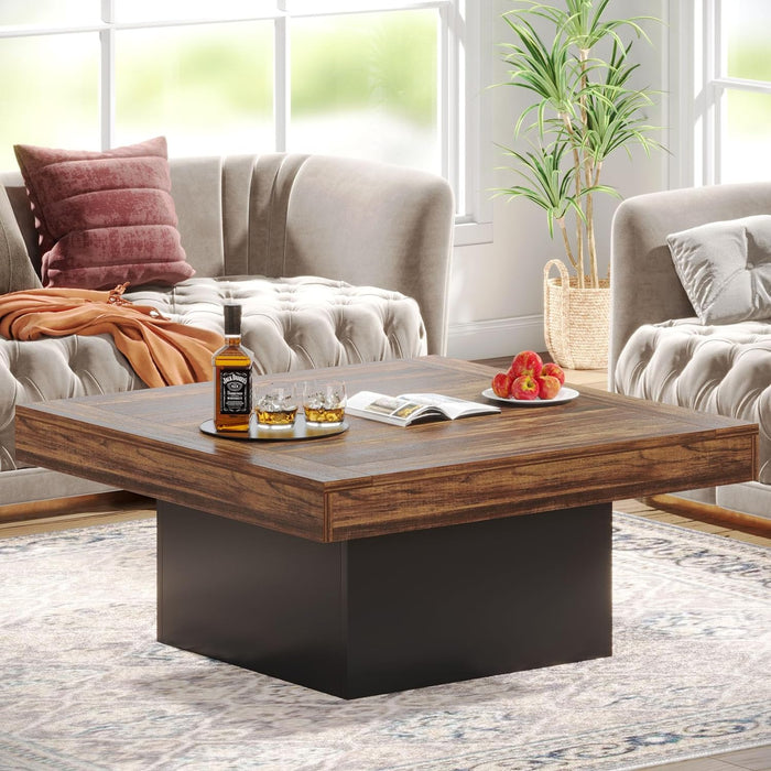 Coffee Table Square LED Coffee Table Engineered Wood Low Center Cocktail Tables for Living Room (Rustic Brown+Black)