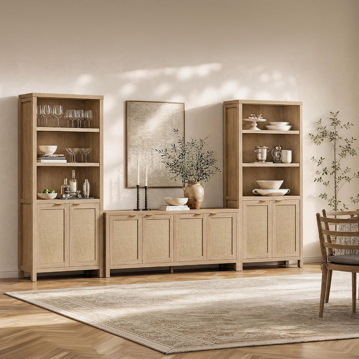 71" Tall Bookcase 5 Tier Rattan Bookshelf with Doors for Library | Farmhouse Storage Book Shelf with Adjustable Shelves Large Book Case Bookshelves for Living Room Home Office Bedroom Kitchen
