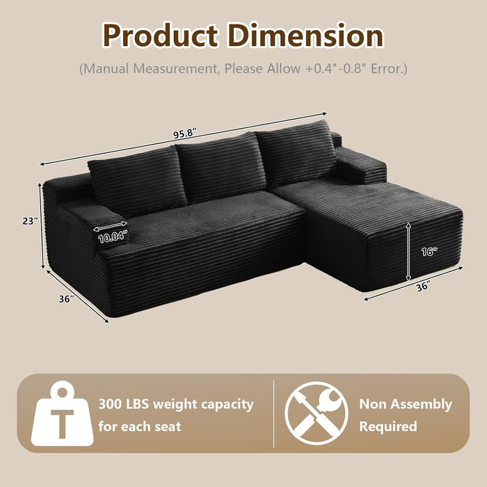 NinetySixInch Cloud Corduroy Modular Sectional Sofa Black