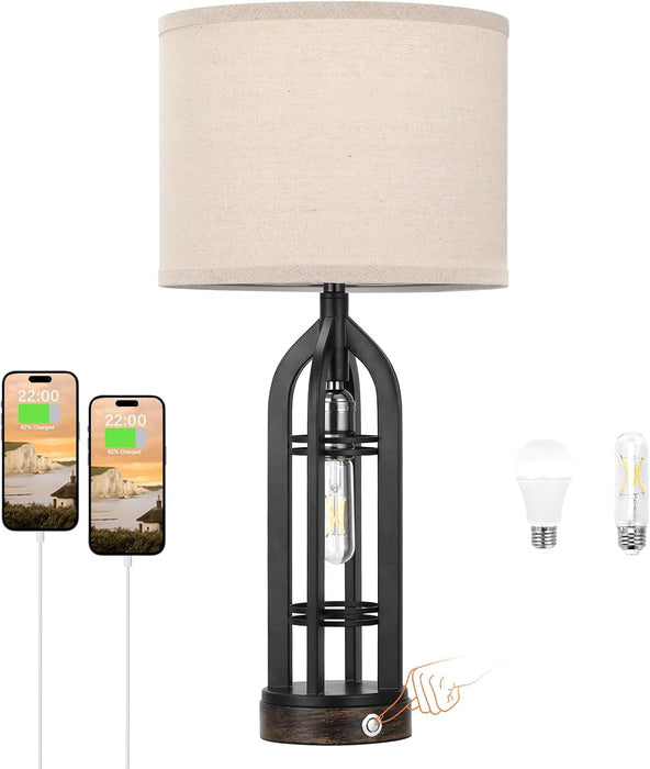 Table Lamps for Living Room - Black Bedside Lamp for Bedroom with USB C+A & Outlet, Farmhouse Lamps for Night Stands, 3-Way Dimmable Touch Lamps for Living Room with Oat Shade(Single)