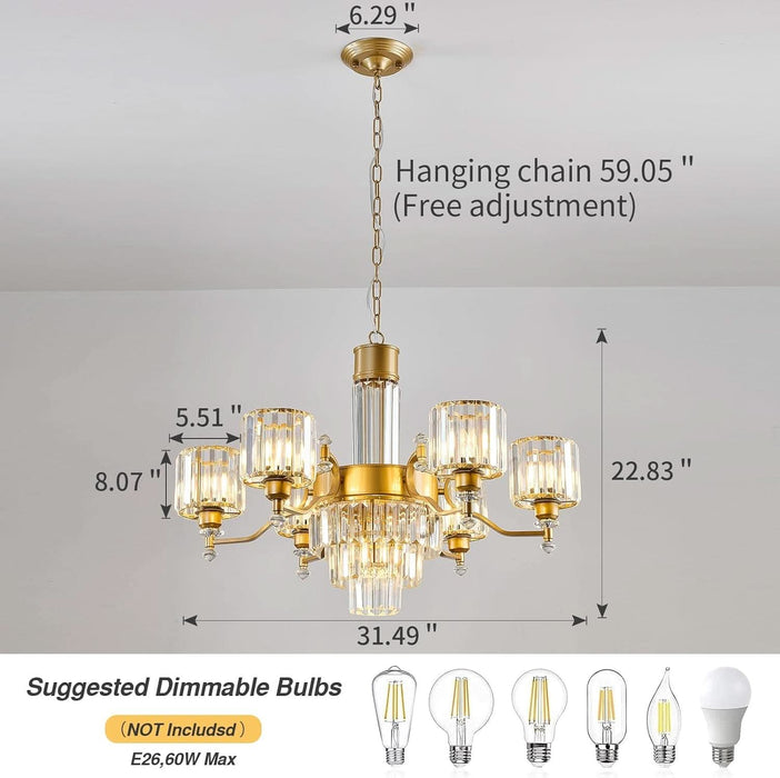 7-Light Modern Large Crystal Chandelier Gold Adjustable Hanging Pendant Light Vintage Farmhouse Ceiling Light Fixture for Living Room Dining Room Bedroom Foyer Entryway Staircase