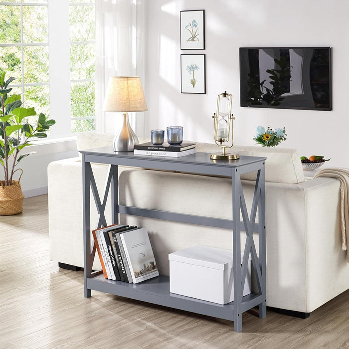 Console Table for Entryway, 2 Tier Narrow Sofa Table Bookshelf Accent Tables W/Storage Shelf, Living Room Entry Hall Foyer Tables Furniture, Grey